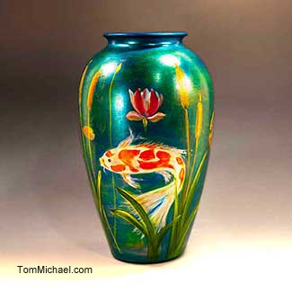 Hand painted glass vases, Scenic hand-painted Koi vase, Tom Michael, TomMichael.com