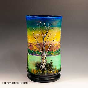 Hand-painted glass art, hand-painted ceramic tiles by Tom Michael.