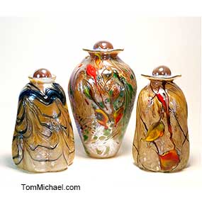 Hand-blown art glass vases, scenic and floral hand-painted vases, iridescent art glass, contemporary art glass vases, modern glass vases, Tom Michael