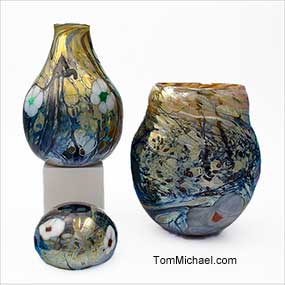 Art Glass for Sale, Hand-painted vases for sale, scenic vases, iridescent art glass, Tom Michael