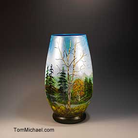 Decorative glass hand painted vases by Tom Michael, scenic, art glass, landscape vases, decorative glass vases, Tom Michael