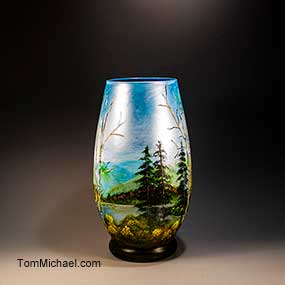 Hand-painted scenic and floral vase by Tom Michael, Odyssey Art Glass