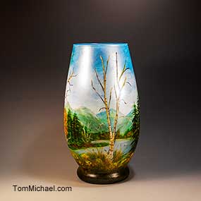 Hand-painted art glass and ceramic vases by Tom Michael, scenic, floral, landscape, decorative glass vses 