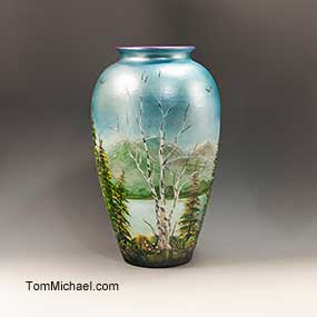 hand painted vases, scenic vases, decorative glass vases, Tom Michael 