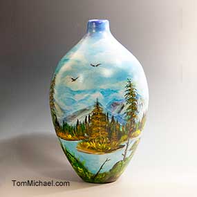 Hand-painted scenic vase by Tom Michael, Odyssey Art Glass