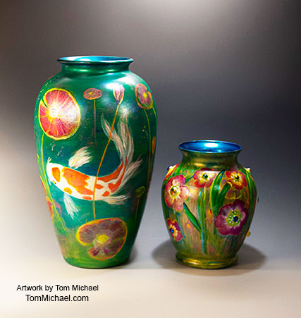 scenic vases, hand painted glass vases, decorative glass vases, Tom Michael, Odyssey Art Glass