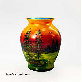 hand-painted art vases,scenic vasses,art glass vases,hand painted by Tom Michael