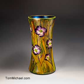 hand-painted floral art vases,scenic vases,art glass vases,hand painted by Tom Michael