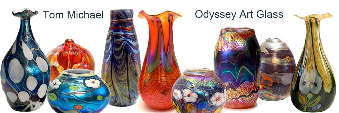 Hand-blown art glass, iridescent art glass, archive, history of odyssey glass, art glass vases, paperweights, jewelry, cremation urns, scenic vases, hand-painted vases by Tom Michael at TomMichael.com