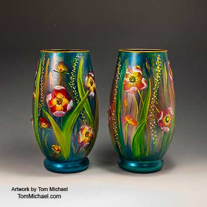 Scenic hand-painted vases, Tom Michael