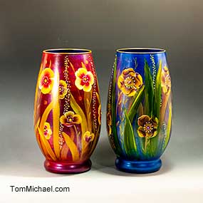 hand painted scenic vases, panoramic vases, decorative vases, scenic art vases, tom michael
