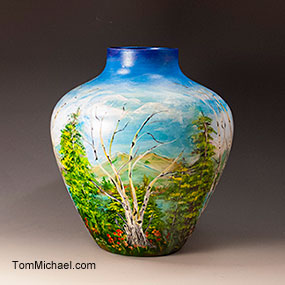 hand-painted art vases,scenic vases,art glass vases, hand painted by Tom Michael