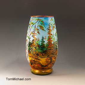  Scenic hand painted vase, woodland scene by Tom Michael