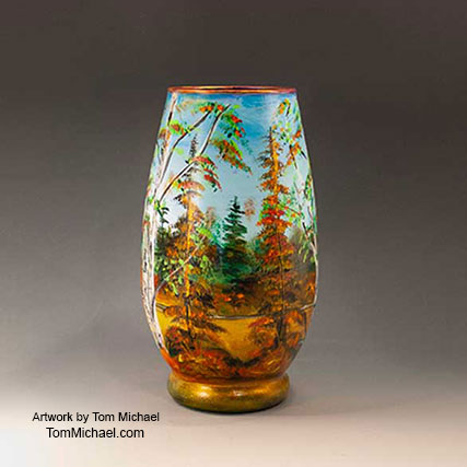 Scenic vases, landscape vases, hand-painted glass vases, art glass by Tom Michael
