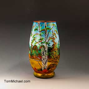 Hand-painted art glass and ceramic vases by Tom Michael, Odyssey Art Glass