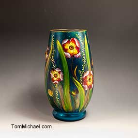 decorative glass vases, hand painted glass vase, jeweled floral vases, scenic, landscape floral vases