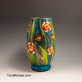 Hand-painted art glass and ceramic vases by Tom Michael, scenic, floral, landscape, decorative glass vses 