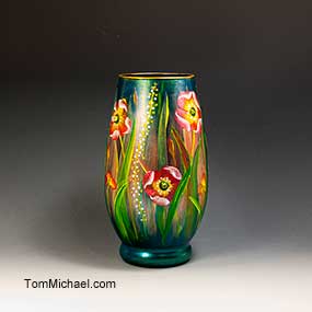 Scenic hand painted vases, jewels floral vase, decorative vases, scenic vases by Tom Michael