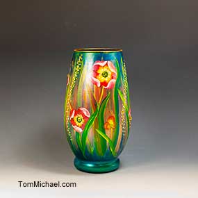 Hand-painted scenic and floral vases by Tom Michael, Odyssey Art Glass