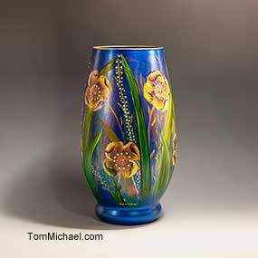 scenic glass vases, hand painted glass vase, jeweled floral vases, scenic, landscape floral vases