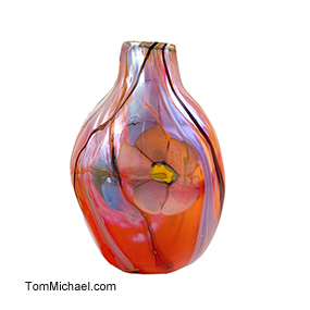 Iridescent art glass vases for sale, hand-painted glass vases, scenic vases, contemporary art glass vases by Tom Michael
