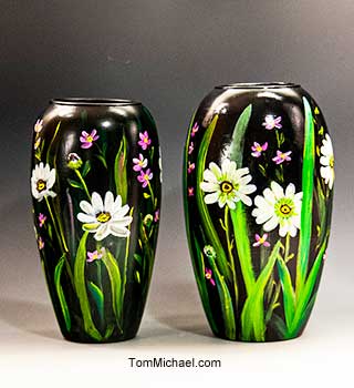 Hand painted vases by Tom Michael, scenic vases, hand-painted glass vases, art glass vases for sale