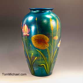 Hand painted decorative vases by Tom Michael antique vases, iridescent glass