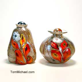 Iridescent art glass vases, hand painted glass vases, scenic vases for sale, Tom Michael, USA