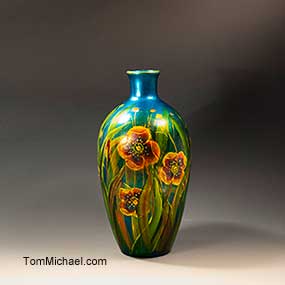 Hand-painted glass art, hand-painted ceramic tiles by Tom Michael.