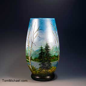 Hand-painted glass art, art glass vases for sale, antique art glass, contemporary art glass, Tom Michael