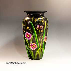Hand-painted ceramic floral vase by Tom Michael
