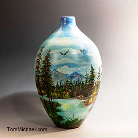 hand-painted art vases,scenic vasses,art glass vases,hand painted by Tom Michael