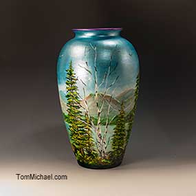 hand-painted art vases,scenic vasses,art glass vases,hand painted by Tom Michael