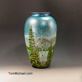 Hand-painted art glass and ceramic vases by Tom Michael, Odyssey Art Glass