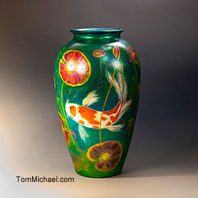 Art glass vases for sale, decorative glass vases, hand-painted glass art, antique art glass vases for sale, home decor, Koi fish, Tom Michael