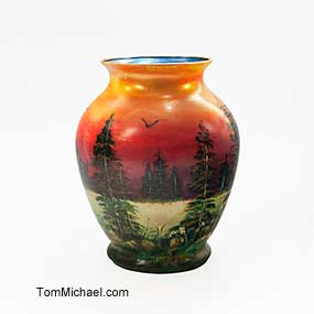 Hand-painted scenic vase by Tom Michael, Odyssey Art Glass