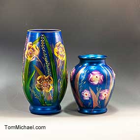 decorative art glass vases hand painted by Tom Michael