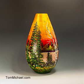 hand-painted art vases,scenic vasses,art glass vases,hand painted by Tom Michael