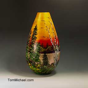 Hand-painted scenic vase by Tom Michael, Odyssey Art Glass