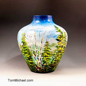 Hand-painted art glass and ceramic vases by Tom Michael, Odyssey Art Glass