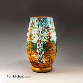 hand-painted art vases,scenic vasses,art glass vases,hand painted by Tom Michael