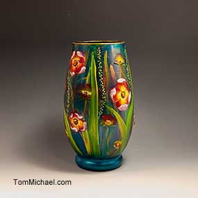 Hand-painted scenic and floral vases by Tom Michael, Odyssey Art Glass