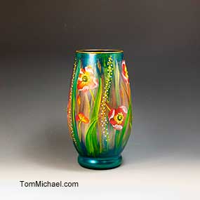 scenic glass vases, hand painted glass vase, jeweled floral vases, scenic, landscape floral vases