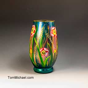 Hand-painted art glass and ceramic vases by Tom Michael, scenic, floral, landscape, decorative glass vses 