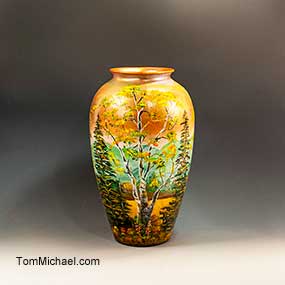 Scenic vases, panoramic vases, hand painted vases, pearlescent finish, tom michael