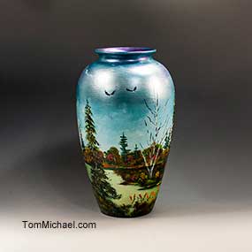 Scenic vases, Decorative Glass Art, Hand-painted art glass vases by Tom Michael